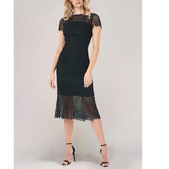 Kay Unger Tatum Floral Lace Midi Dress Black Classic Classy Old Money NWT Size 4 - Picture 2 of 15